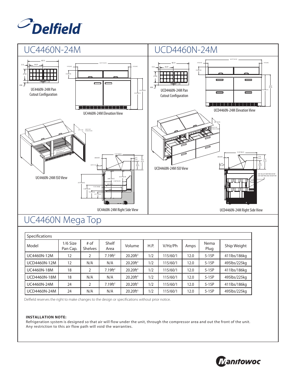 Front, Standard pan configurations, 20ft | Delfield UCD4460N-24M User Manual | Page 3 / 4