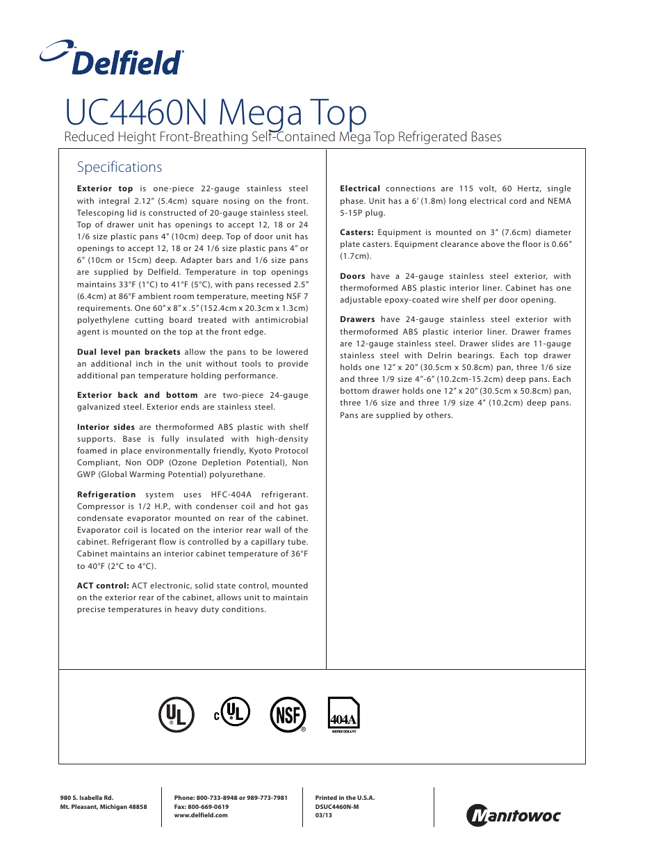 Uc4460n mega top, Specifications | Delfield UCD4460N-24M User Manual | Page 4 / 4