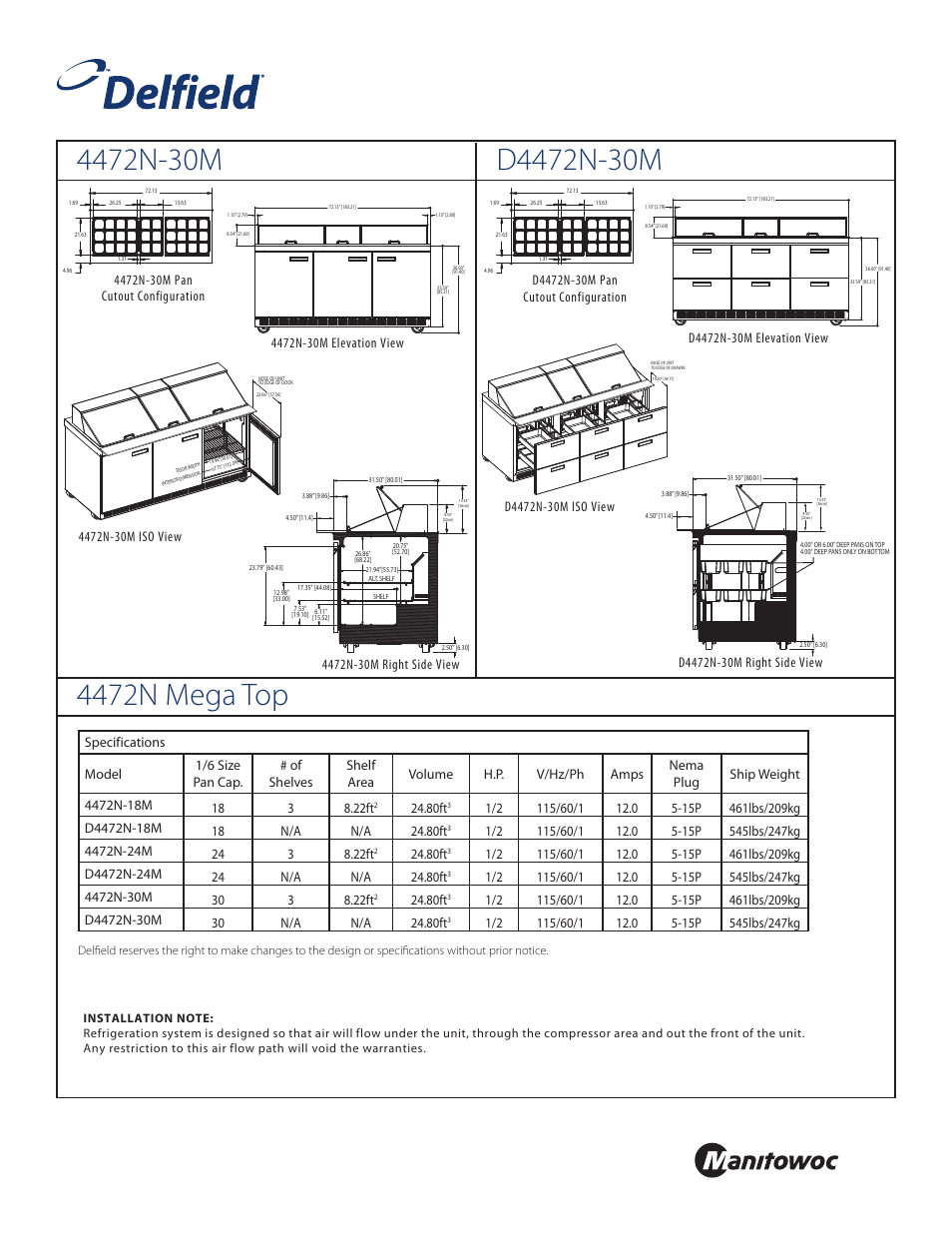 Front, Standard pan configurations, 80ft | Delfield 4472N-24M User Manual | Page 3 / 4