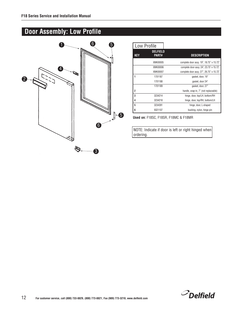 Delfield, Door assembly: low profile, Low profile | Delfield F18BC User Manual | Page 12 / 22