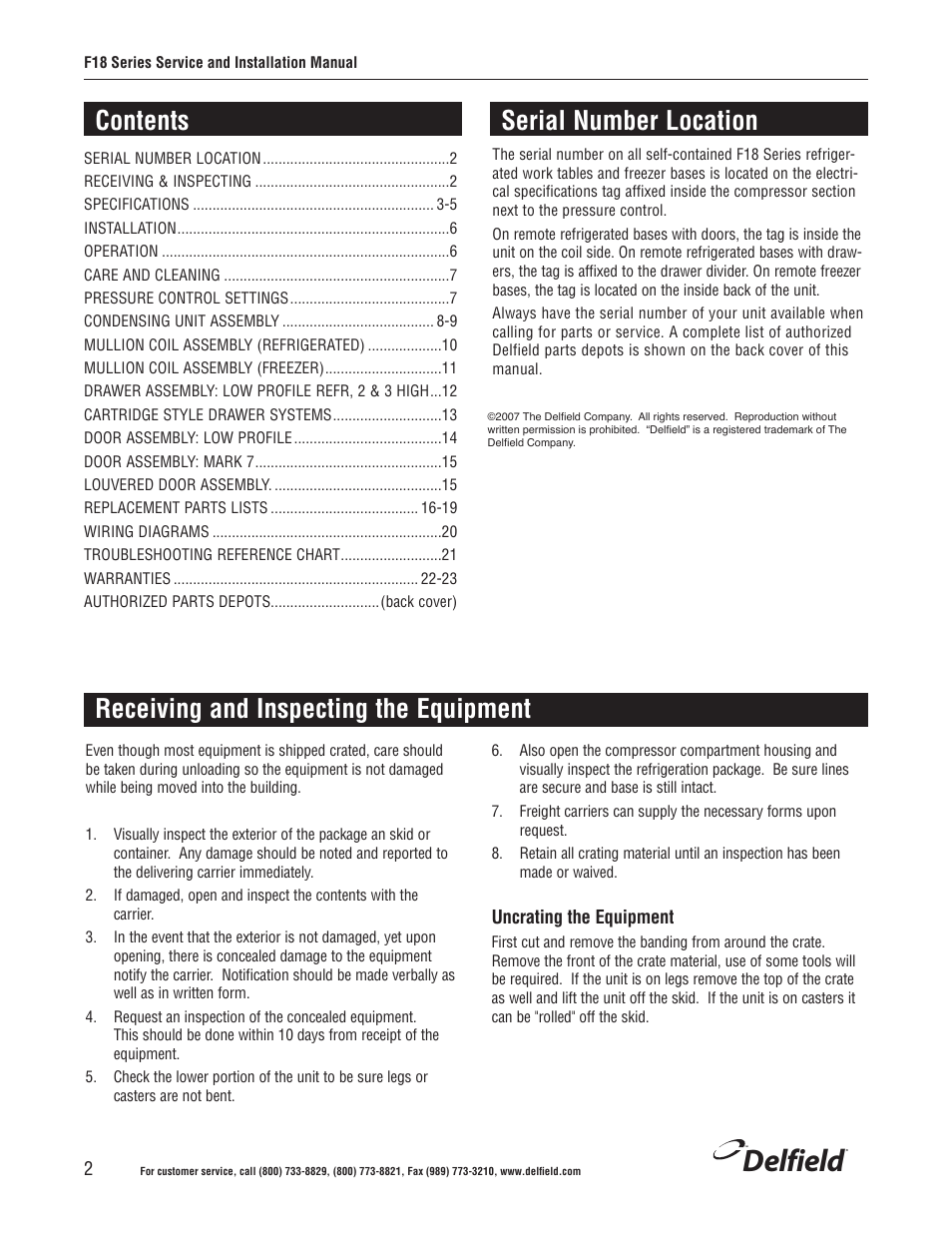 Delfield, Contents serial number location, Receiving and inspecting the equipment | Delfield F18BC User Manual | Page 2 / 22