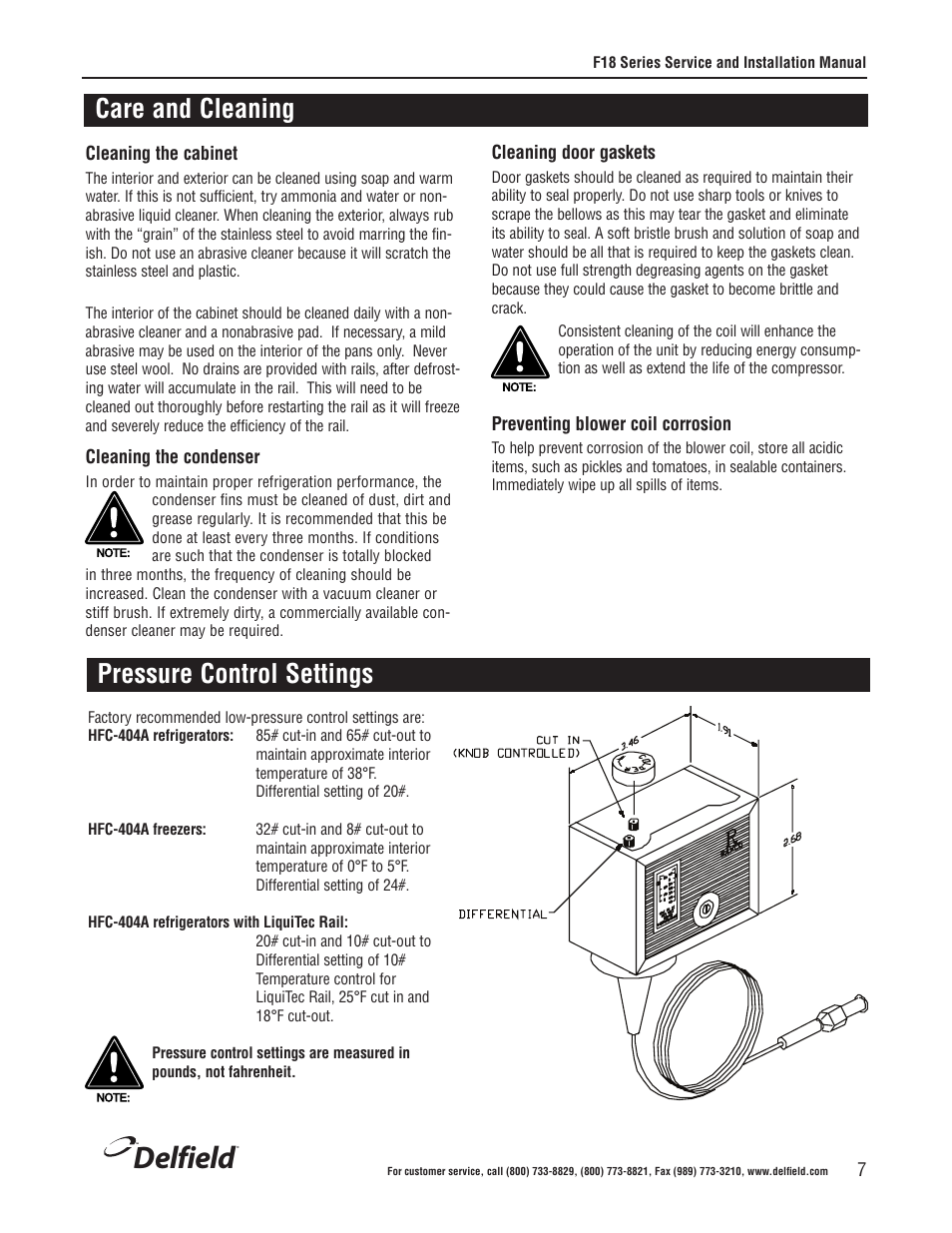 Delfield, Care and cleaning, Pressure control settings | Delfield F18BC User Manual | Page 7 / 22