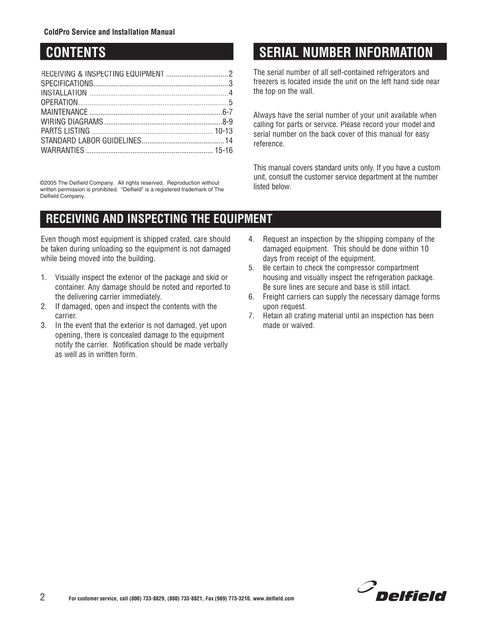 Contents serial number information, Receiving and inspecting the equipment | Delfield Refrigerators and Freezers User Manual | Page 2 / 20