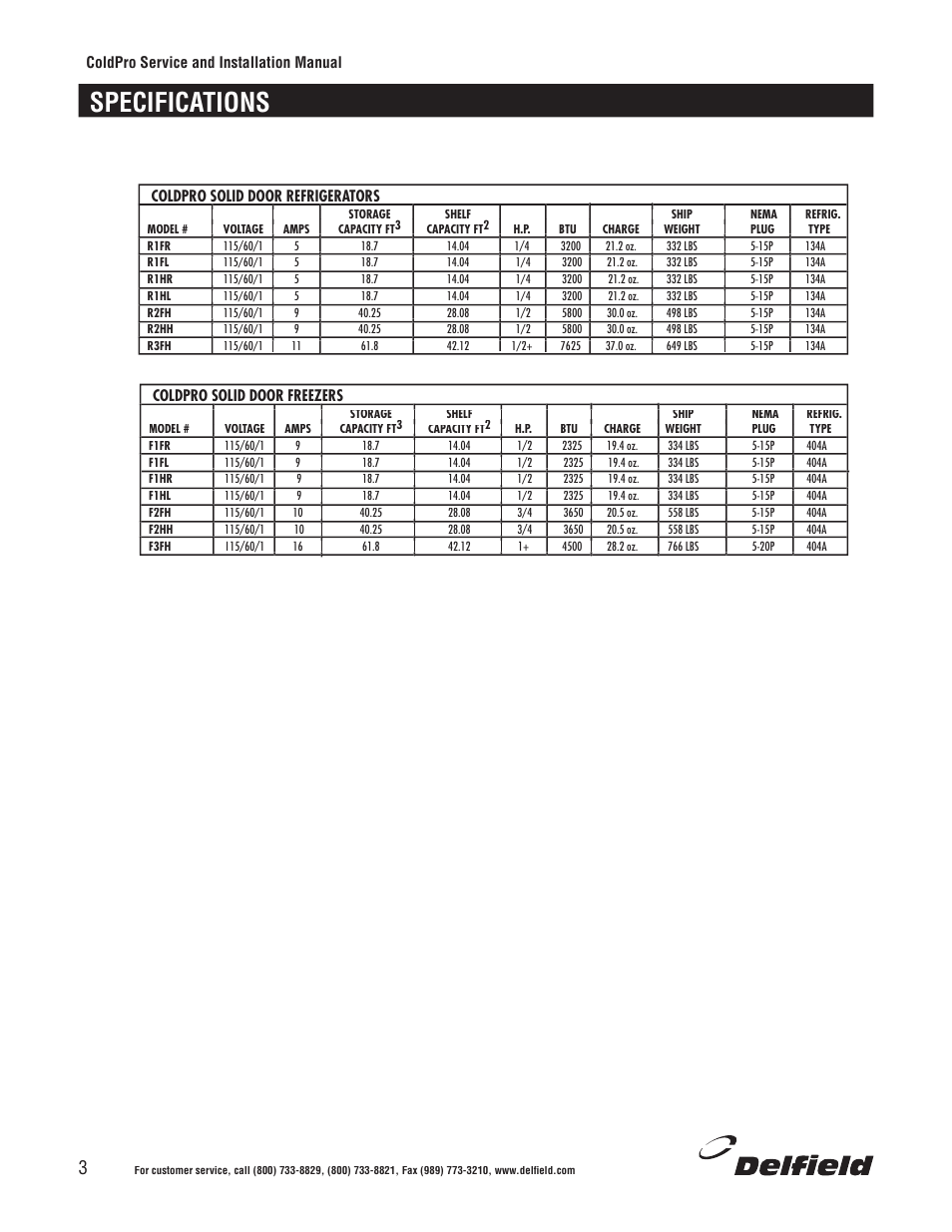 Specifications | Delfield Refrigerators and Freezers User Manual | Page 3 / 20
