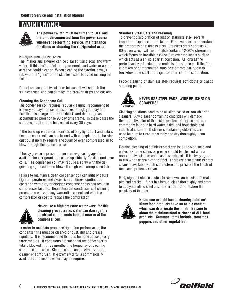 Maintenance | Delfield Refrigerators and Freezers User Manual | Page 6 / 20