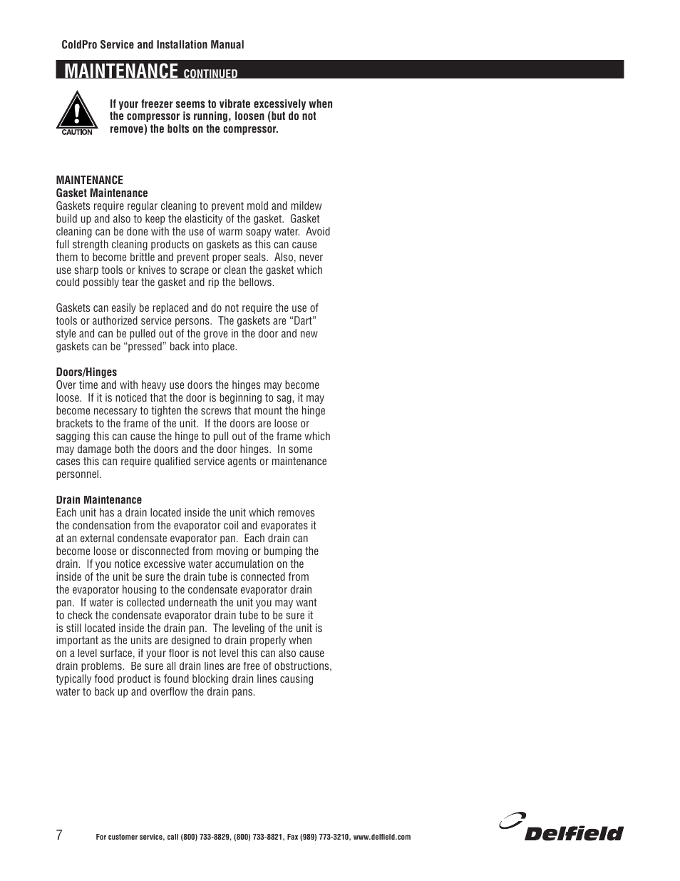 Maintenance | Delfield Refrigerators and Freezers User Manual | Page 7 / 20