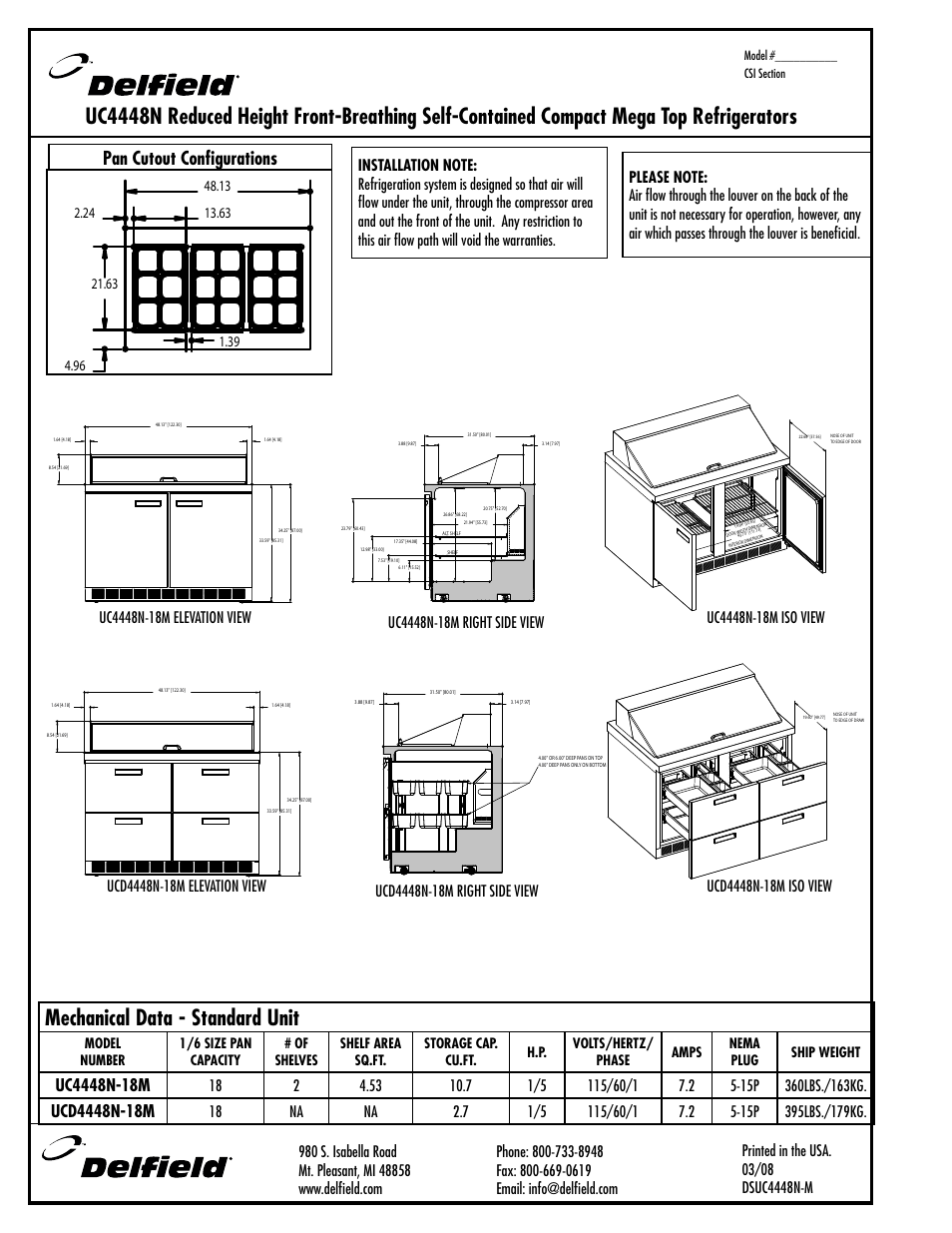 Mechanical data - standard unit, Pan cutout configurations | Delfield UCD4448N-18M User Manual | Page 2 / 2