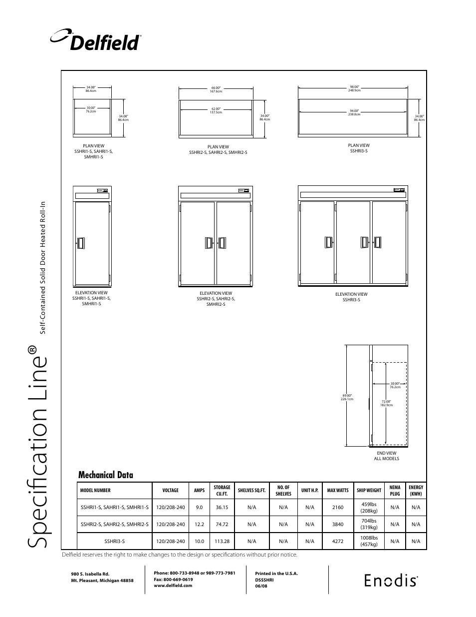 Sp ec ifi ca tio n li ne, Delfield, Mechanical data | Specification line | Delfield SSHRI1-S User Manual | Page 2 / 2