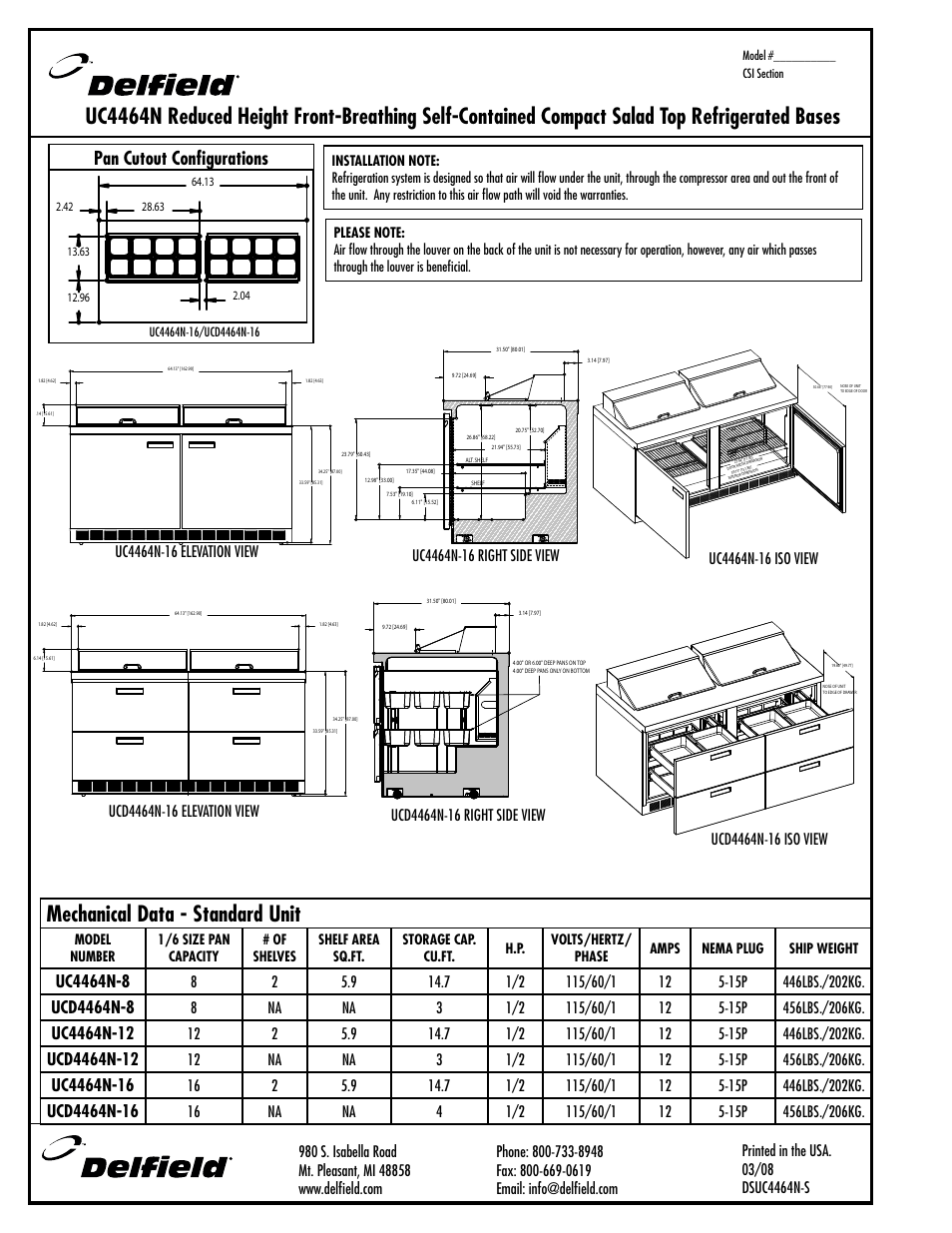 Mechanical data - standard unit, Pan cutout configurations | Delfield UC4464N-16 User Manual | Page 4 / 4