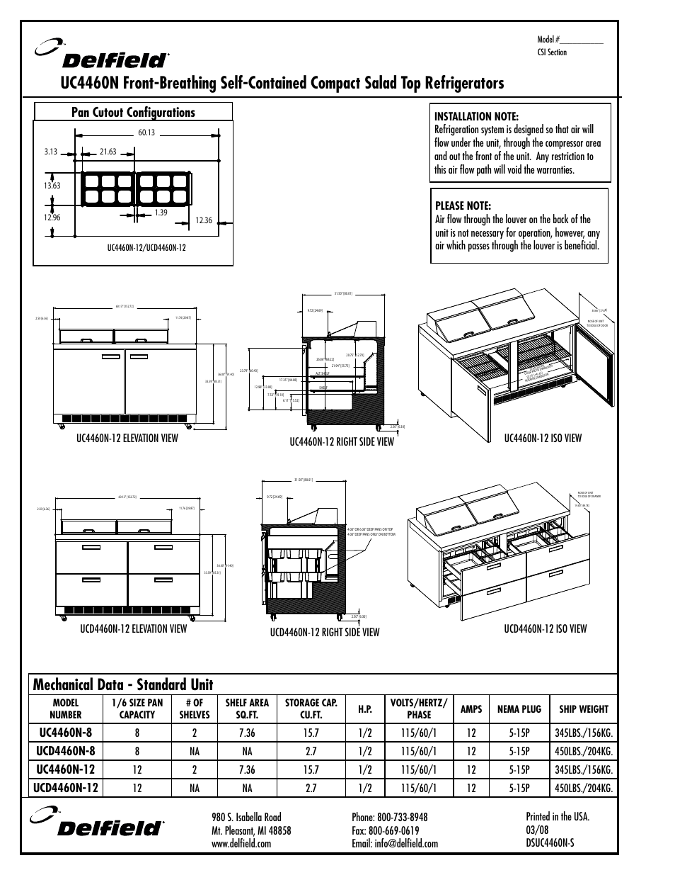 Mechanical data - standard unit, Pan cutout configurations | Delfield UCD4460N-8 User Manual | Page 3 / 4