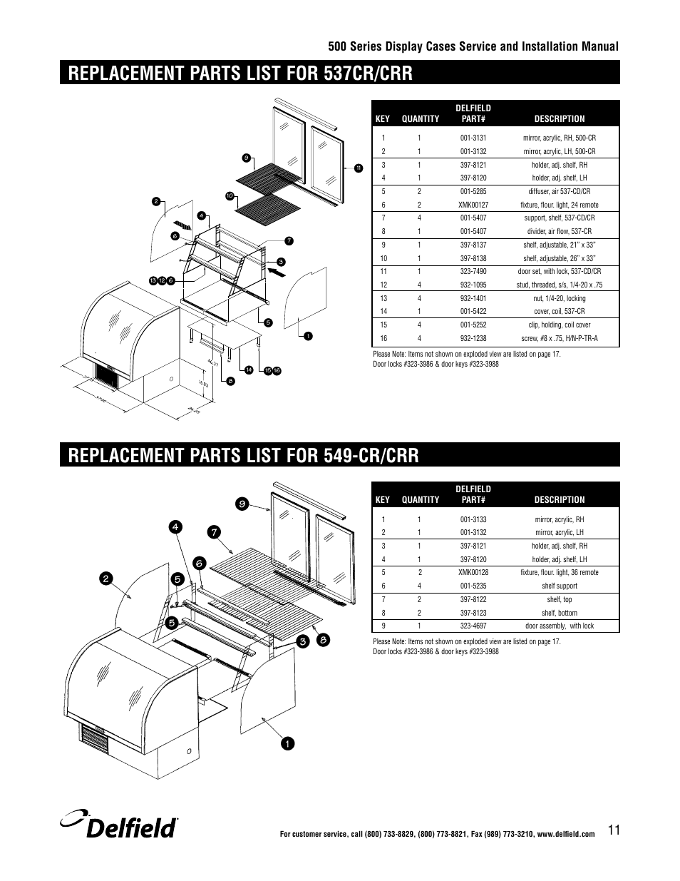 Replacement parts list for 549-cr/crr, Replacement parts list for 537cr/crr | Delfield 500 User Manual | Page 11 / 24