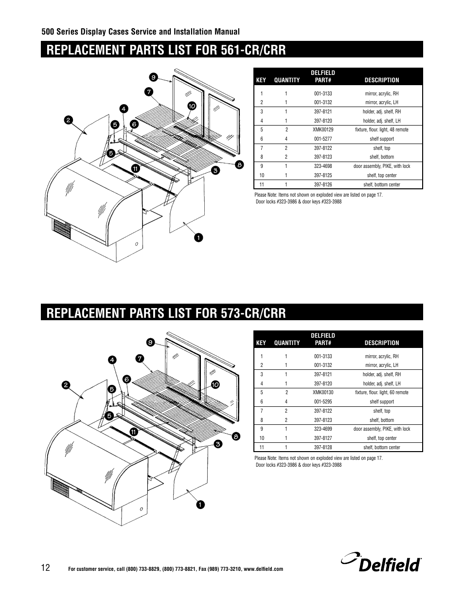 Replacement parts list for 573-cr/crr, Replacement parts list for 561-cr/crr | Delfield 500 User Manual | Page 12 / 24