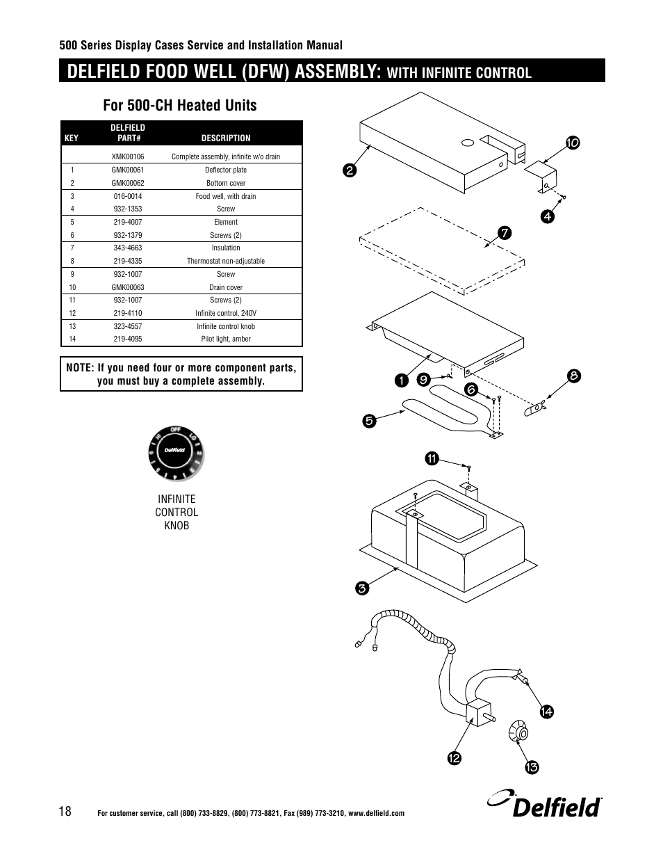 Delfield food well (dfw) assembly, For 500-ch heated units, With infinite control | Delfield 500 User Manual | Page 18 / 24