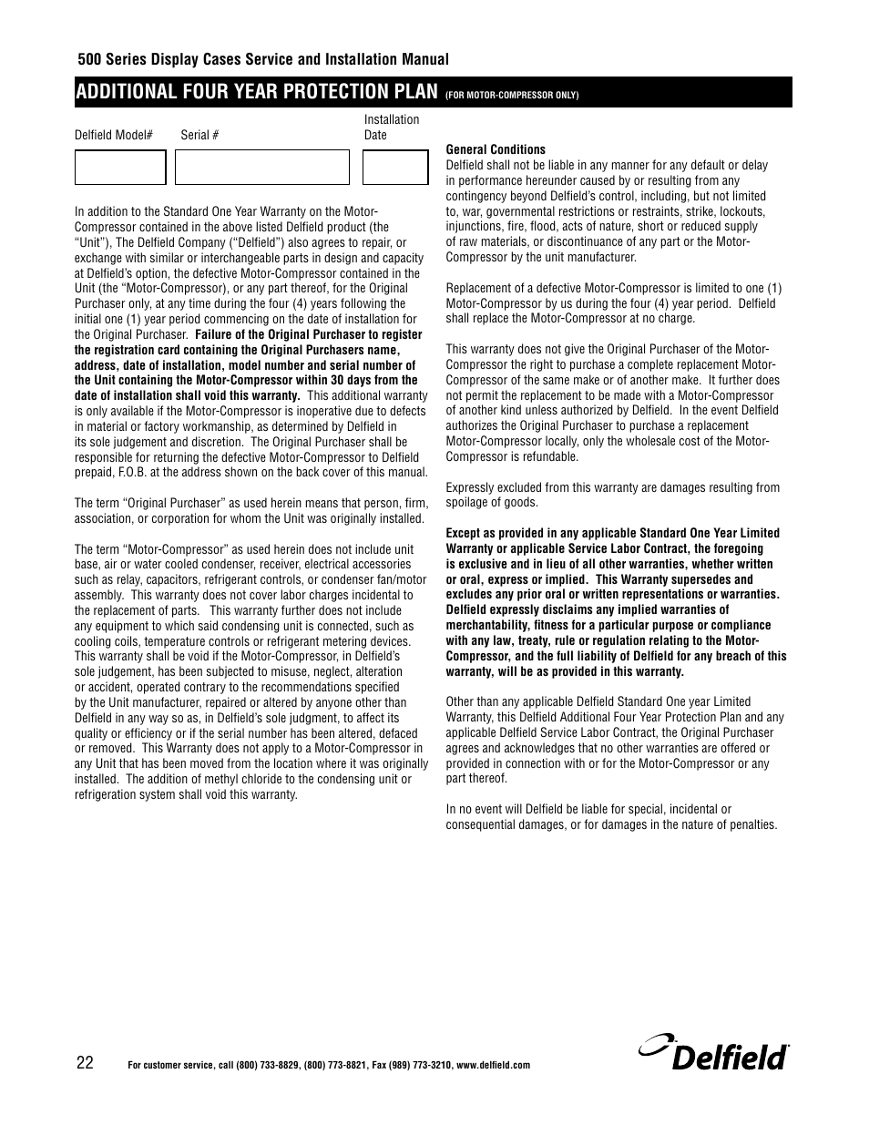 Additional four year protection plan | Delfield 500 User Manual | Page 22 / 24