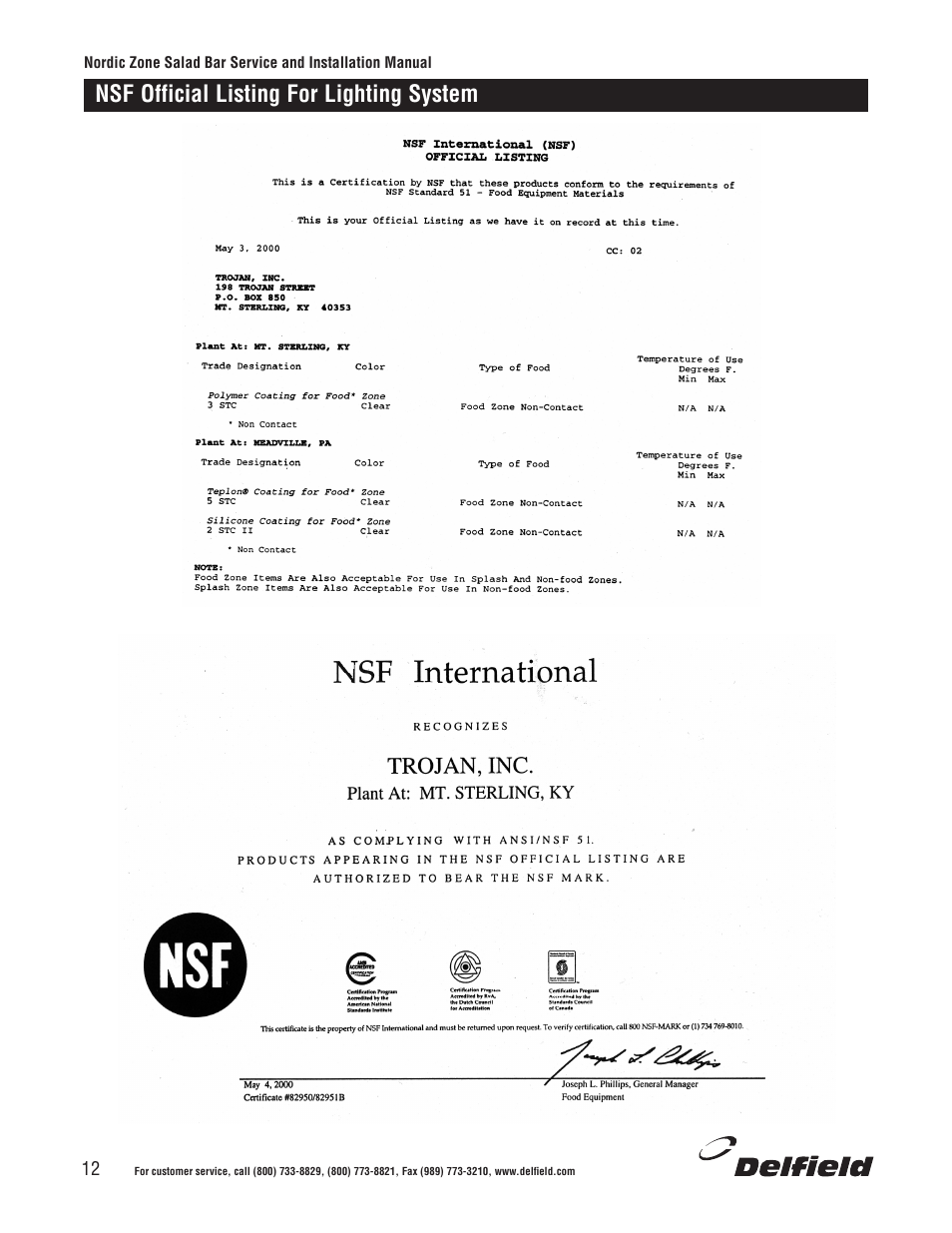 Nsf official listing for lighting system | Delfield Nordic Zone Cold Food Bars User Manual | Page 12 / 17