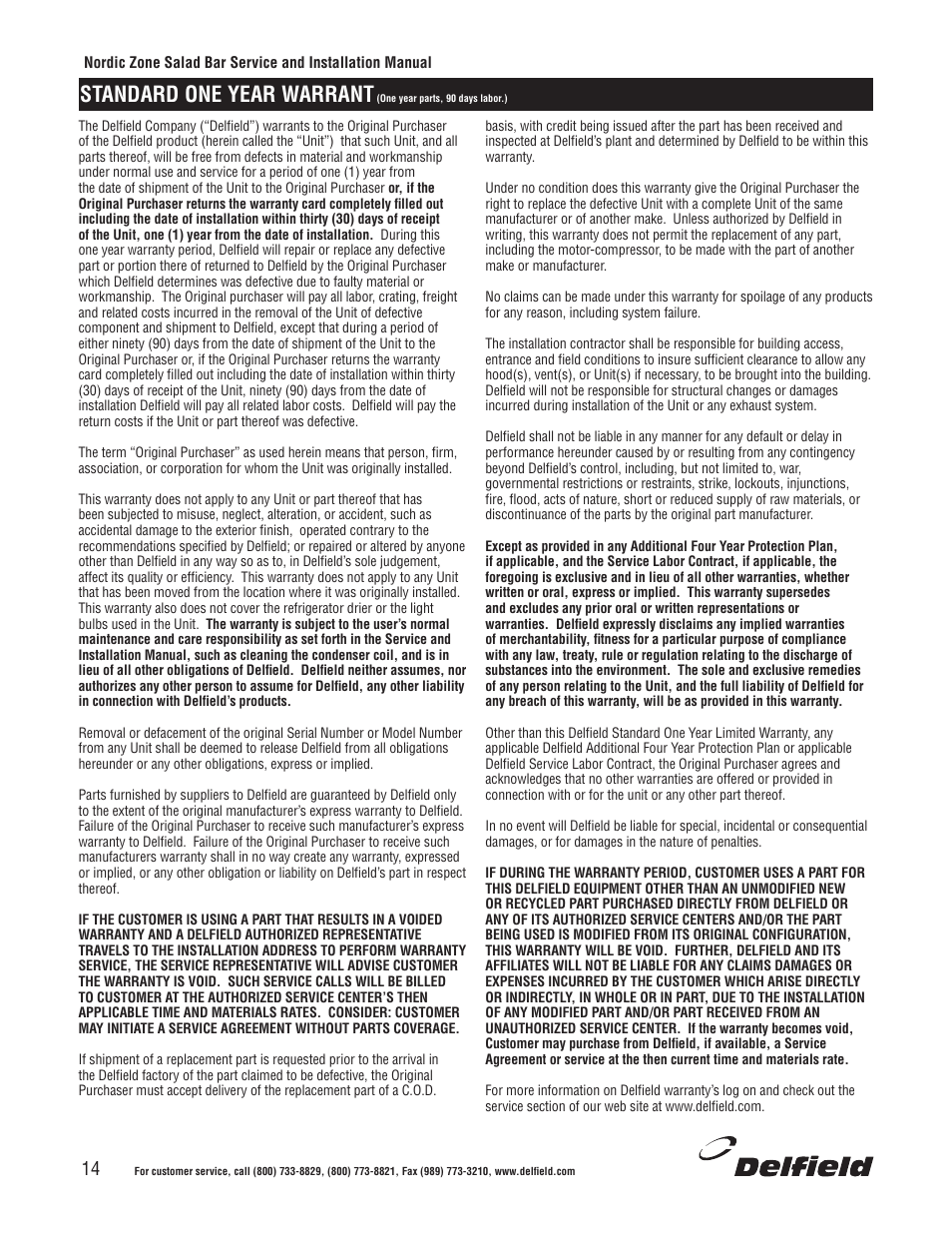 Standard one year warrant | Delfield Nordic Zone Cold Food Bars User Manual | Page 14 / 17