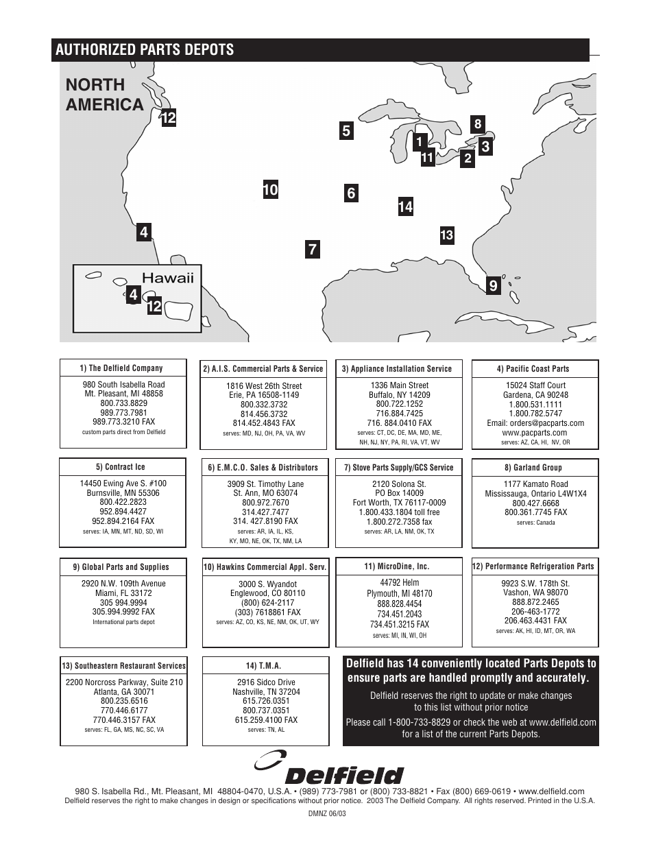 North america, Authorized parts depots | Delfield Nordic Zone Cold Food Bars User Manual | Page 17 / 17