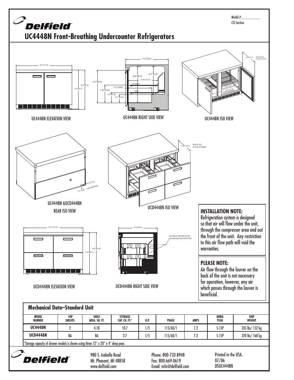 Uc4448n front-breathing undercounter refrigerators, Mechanical data–standard unit | Delfield UCD4448N User Manual | Page 2 / 2