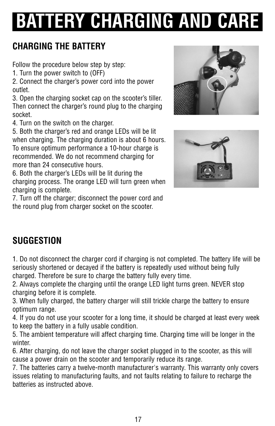 Battery charging and care | Drive Medical Design Odyssey Mobility Scooter User Manual | Page 17 / 31