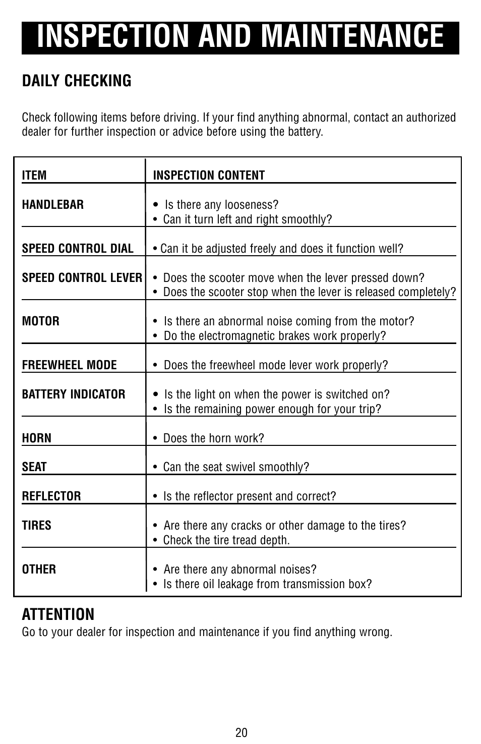 Inspection and maintenance, Daily checking, Attention | Drive Medical Design Odyssey Mobility Scooter User Manual | Page 20 / 31