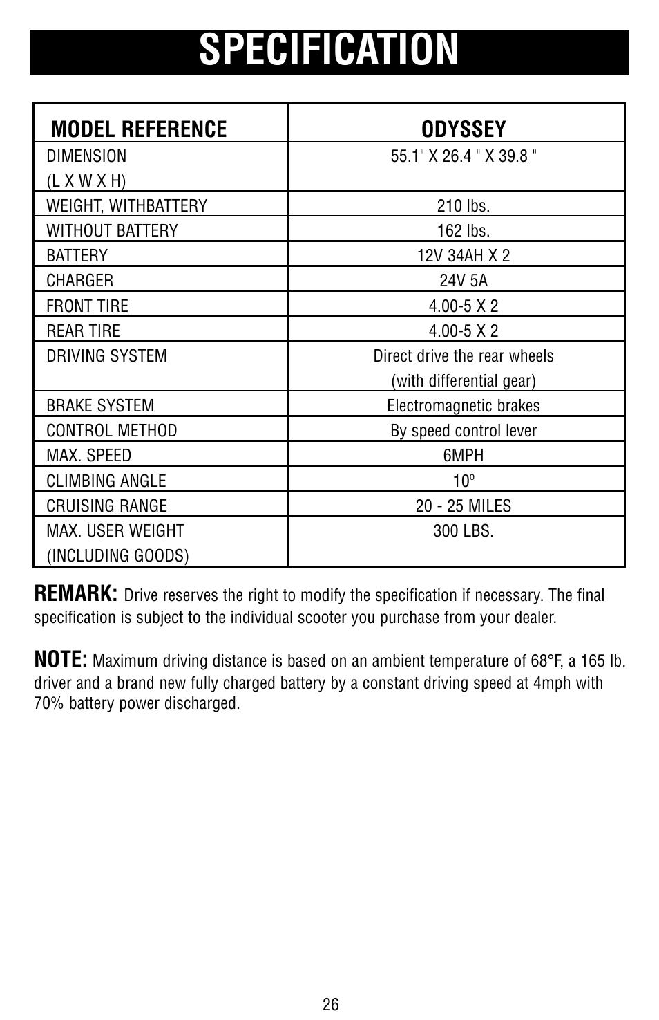 Specification, Model reference odyssey, Remark | Drive Medical Design Odyssey Mobility Scooter User Manual | Page 26 / 31