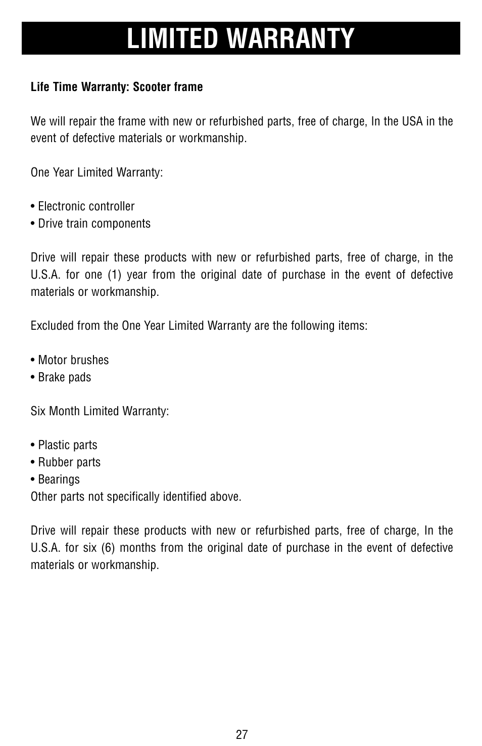 Limited warranty | Drive Medical Design Odyssey Mobility Scooter User Manual | Page 27 / 31