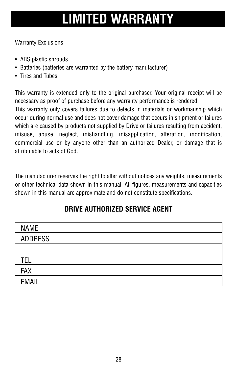 Limited warranty | Drive Medical Design Odyssey Mobility Scooter User Manual | Page 28 / 31