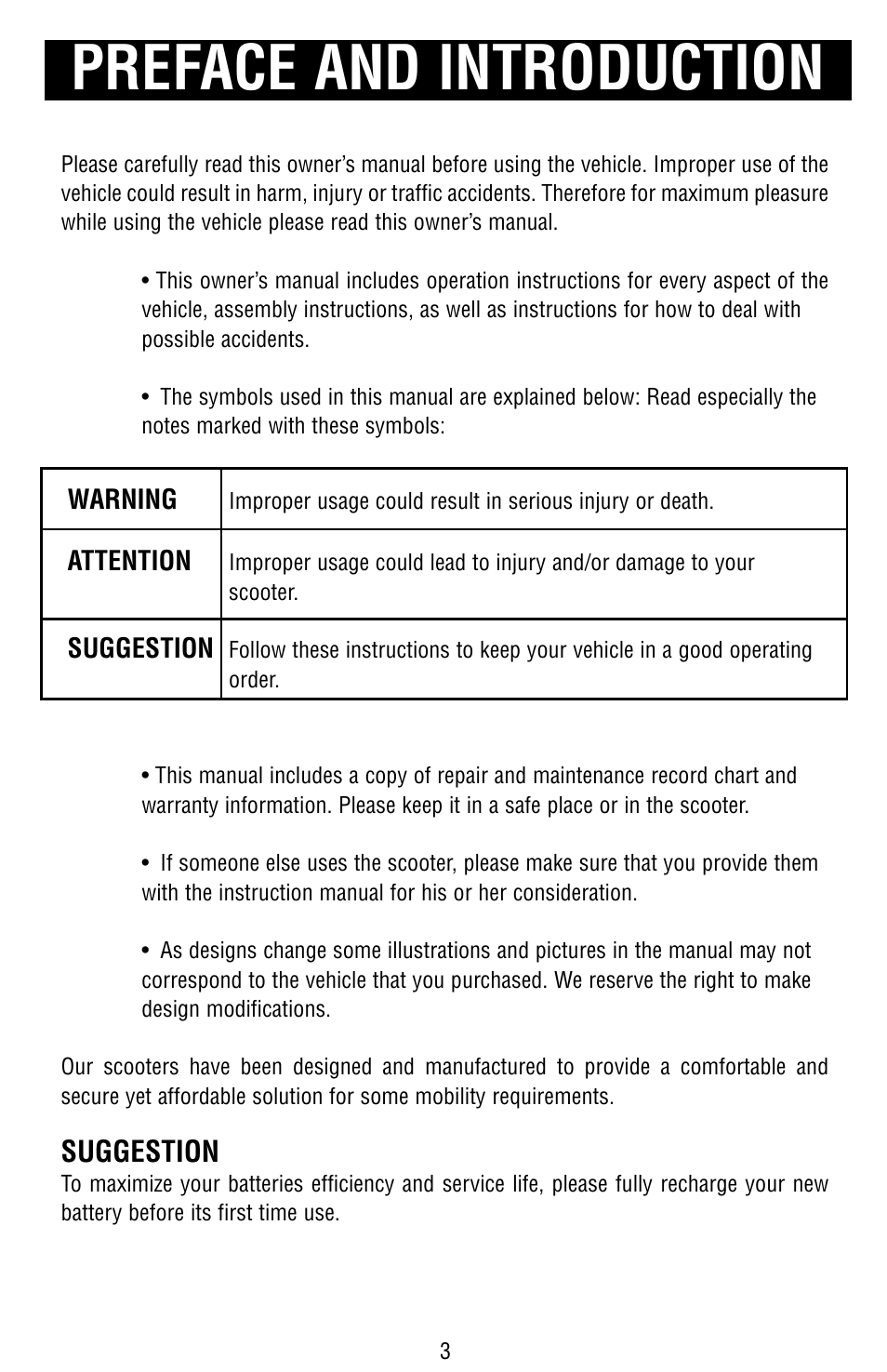 Preface and introduction, Suggestion | Drive Medical Design Odyssey Mobility Scooter User Manual | Page 3 / 31