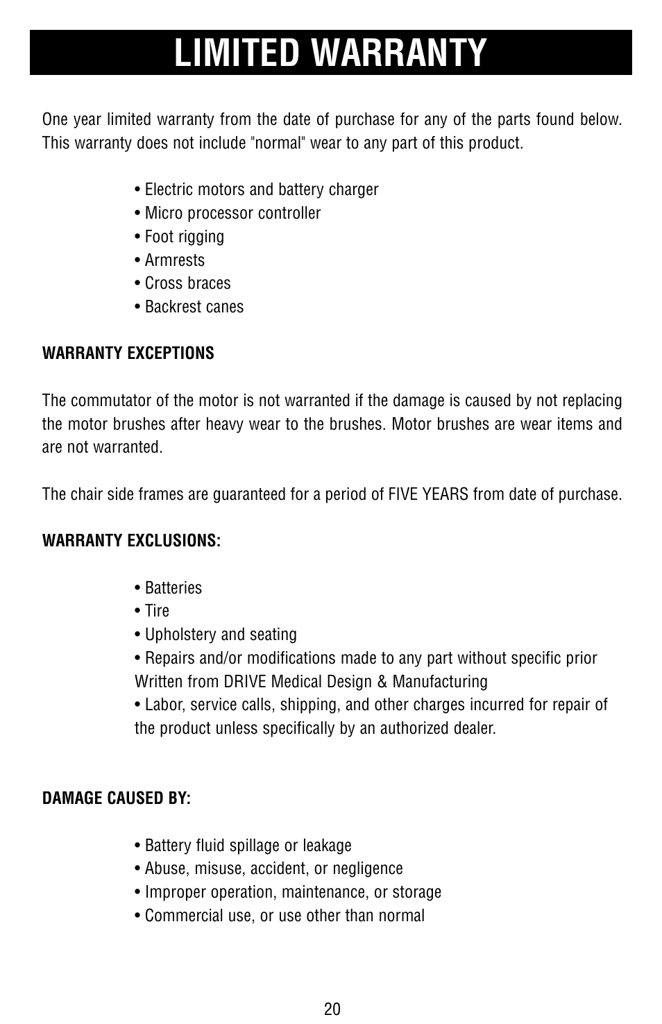 Limited warranty | Drive Medical Design Cirrus Plus Power Wheelchair User Manual | Page 21 / 25