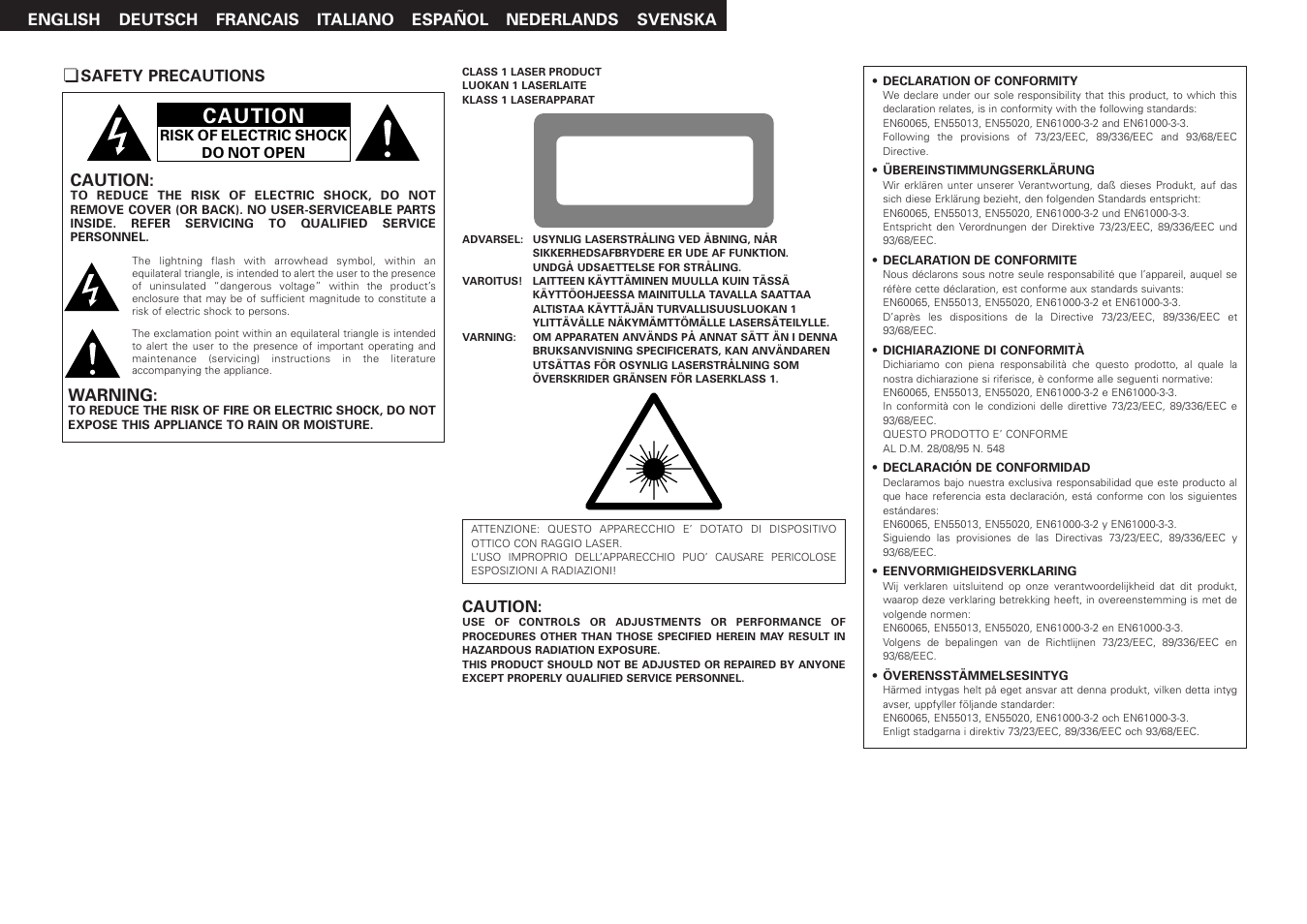Caution, Class 1 laser product | Denon DCD-500AE User Manual | Page 2 / 15