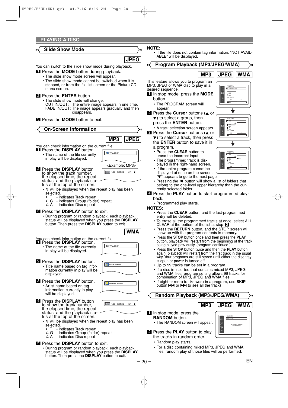 Jpeg mp3, Jpeg, Wma jpeg mp3 | Playing a disc, On-screen information, Slide show mode, Program playback (mp3/jpeg/wma), Random playback (mp3/jpeg/wma) | Denon DVD-755 User Manual | Page 20 / 29