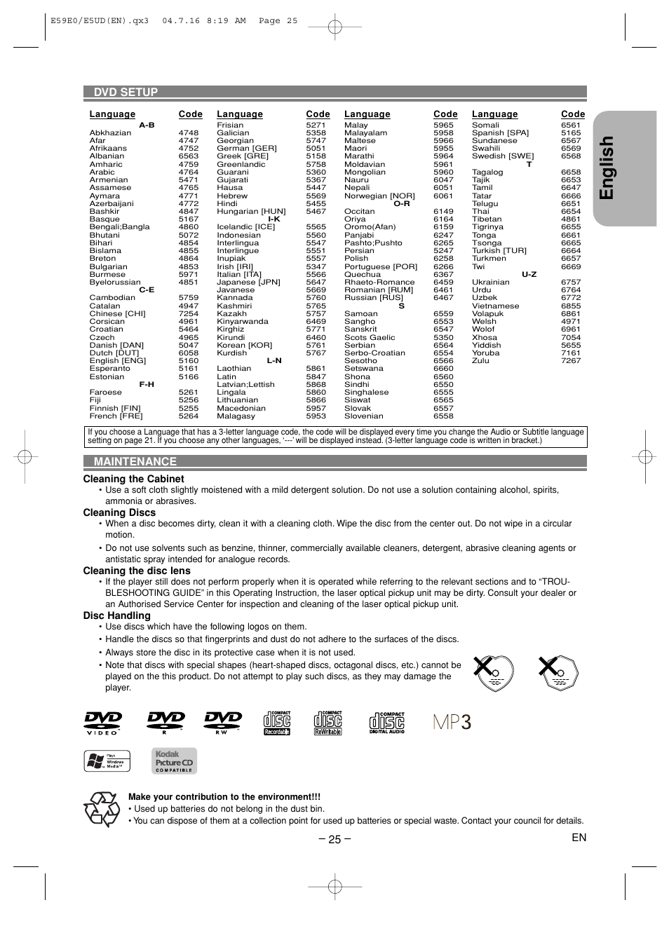 Maintenance, English, Dvd setup | Cleaning the cabinet, Cleaning discs, Cleaning the disc lens, Disc handling | Denon DVD-755 User Manual | Page 25 / 29