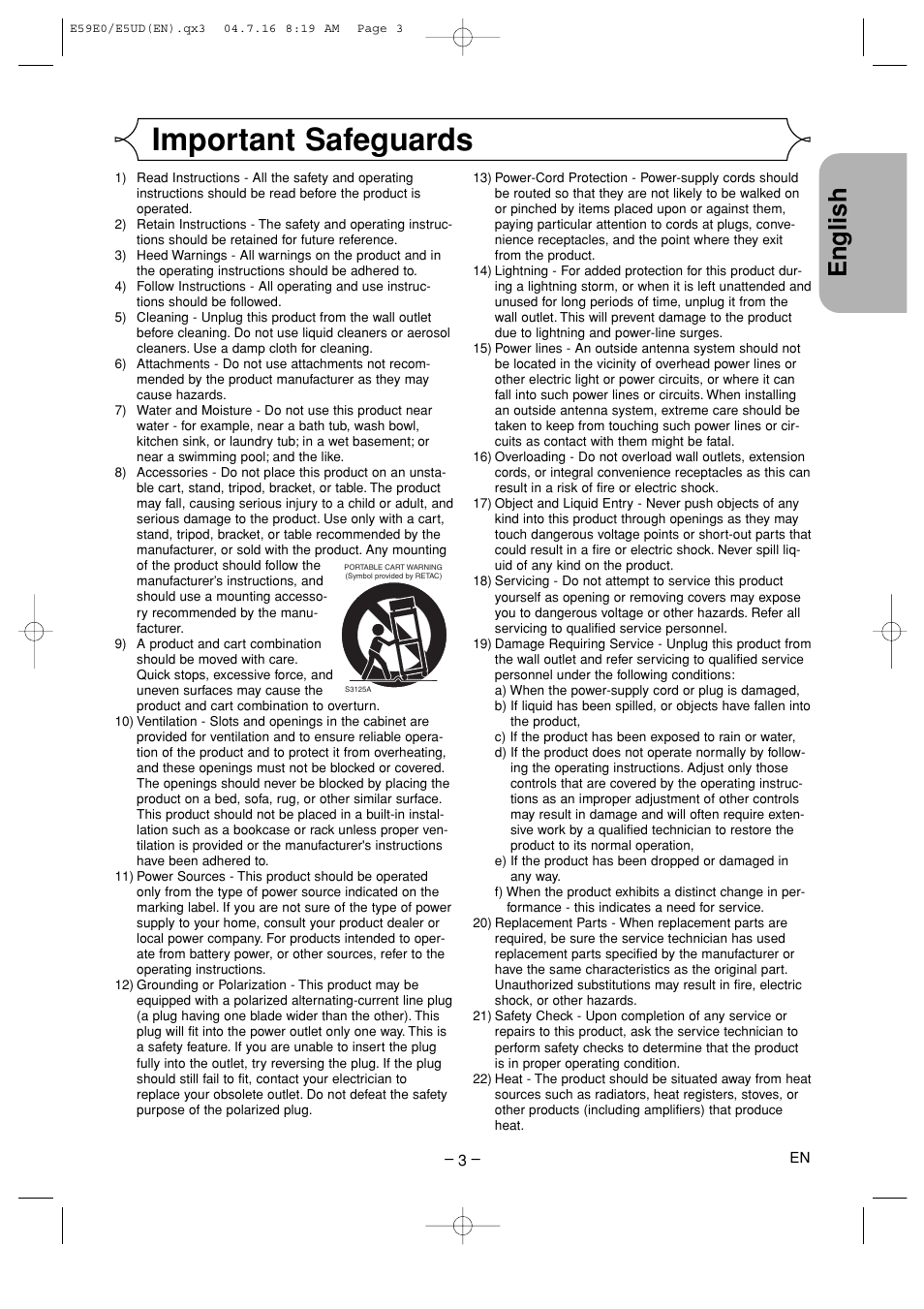 English, Important safeguards | Denon DVD-755 User Manual | Page 3 / 29