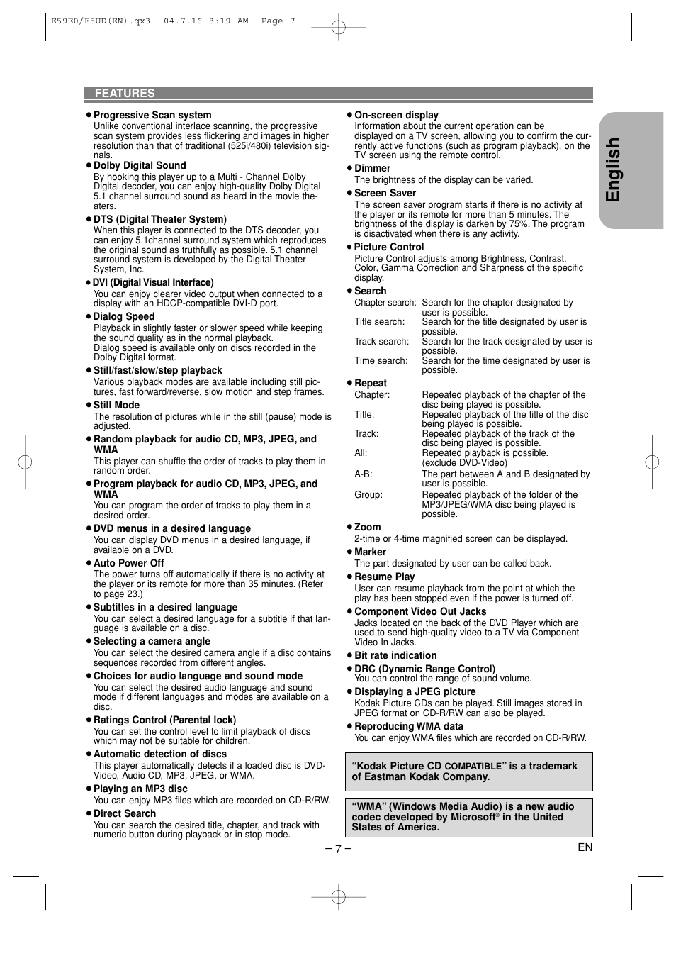 Features, English | Denon DVD-755 User Manual | Page 7 / 29