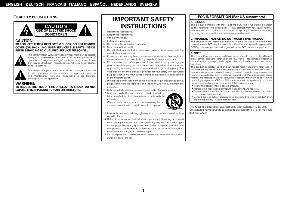 Important safety instructions, Caution, Warning | Denon DHT-FS3 User Manual | Page 2 / 28