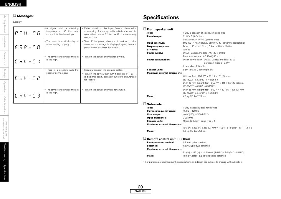 Specifications, English, Messages | Denon DHT-FS3 User Manual | Page 24 / 28