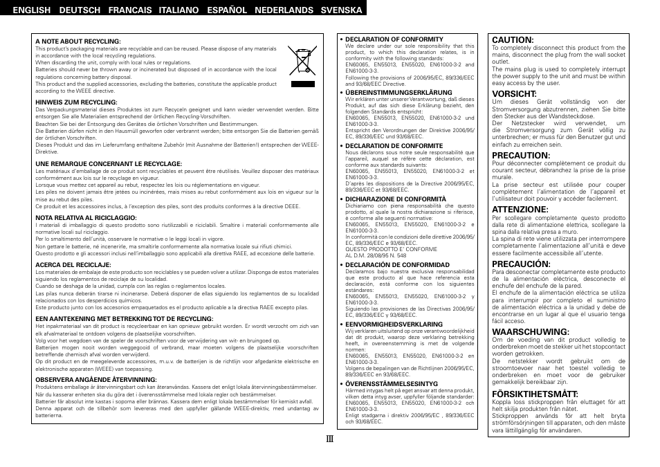 Caution, Vorsicht, Precaution | Attenzione, Waarschuwing, Försiktihetsmått, Precaución | Denon DHT-FS3 User Manual | Page 4 / 28