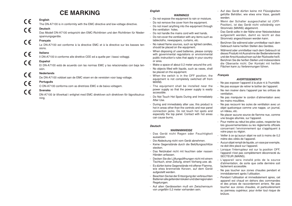 Ce marking | Denon DN-A7100 User Manual | Page 3 / 48