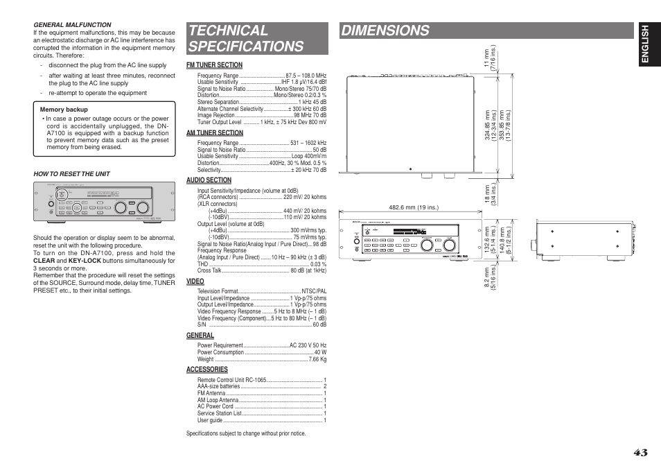 Technical specifications, Dimensions | Denon DN-A7100 User Manual | Page 47 / 48