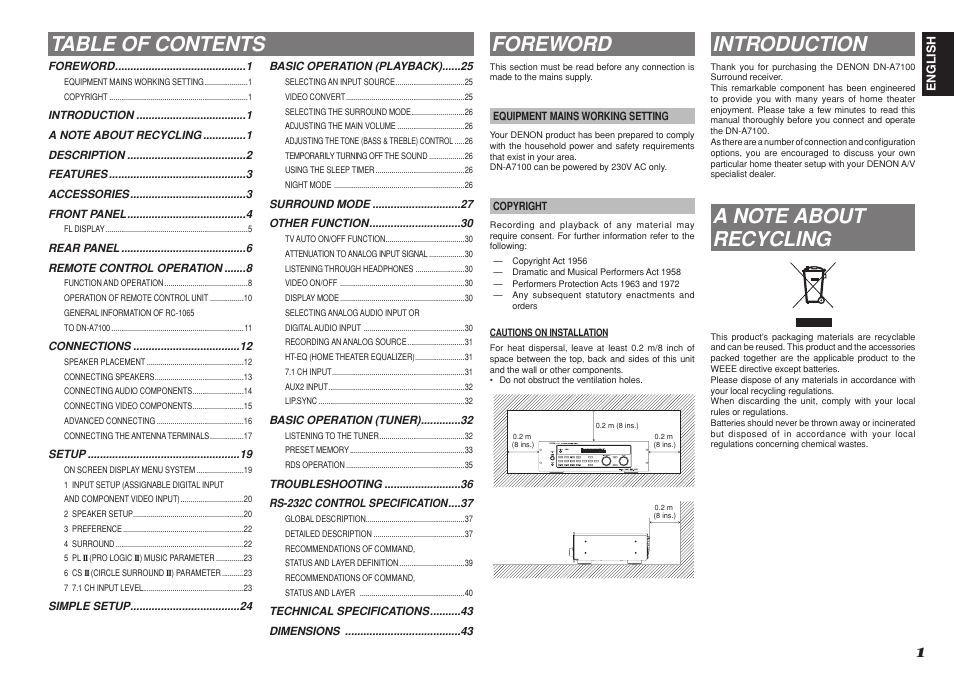 Table of contents foreword, Introduction | Denon DN-A7100 User Manual | Page 5 / 48