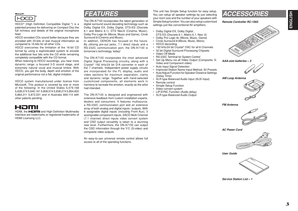 Features, Accessories | Denon DN-A7100 User Manual | Page 7 / 48