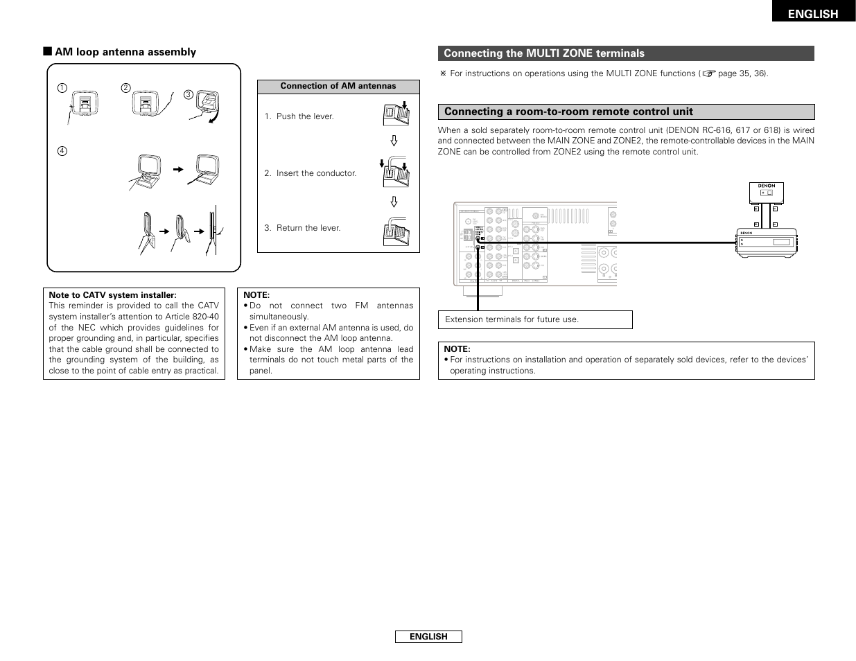 English, 2am loop antenna assembly, Connecting the multi zone terminals | Connecting a room-to-room remote control unit | Denon AVR-1706 User Manual | Page 17 / 61