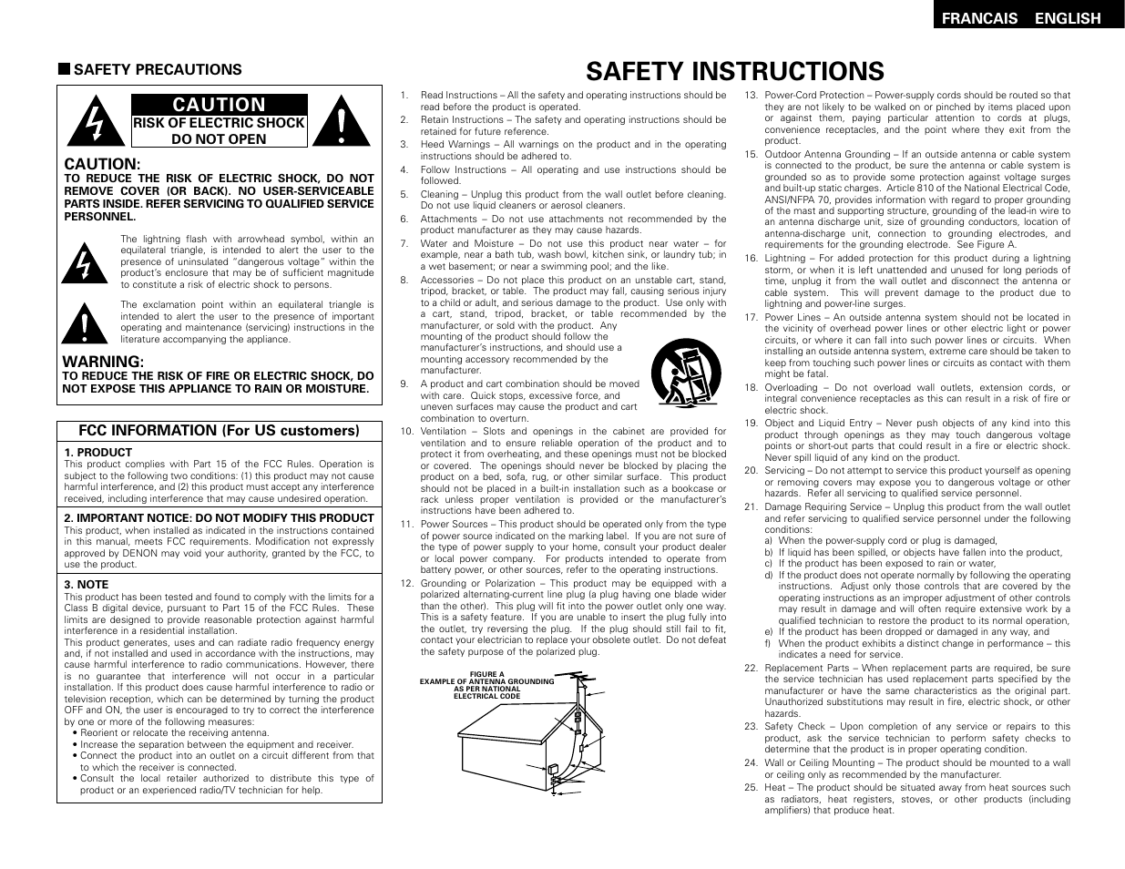 Safety instructions, Caution, Warning | Denon AVR-1706 User Manual | Page 2 / 61