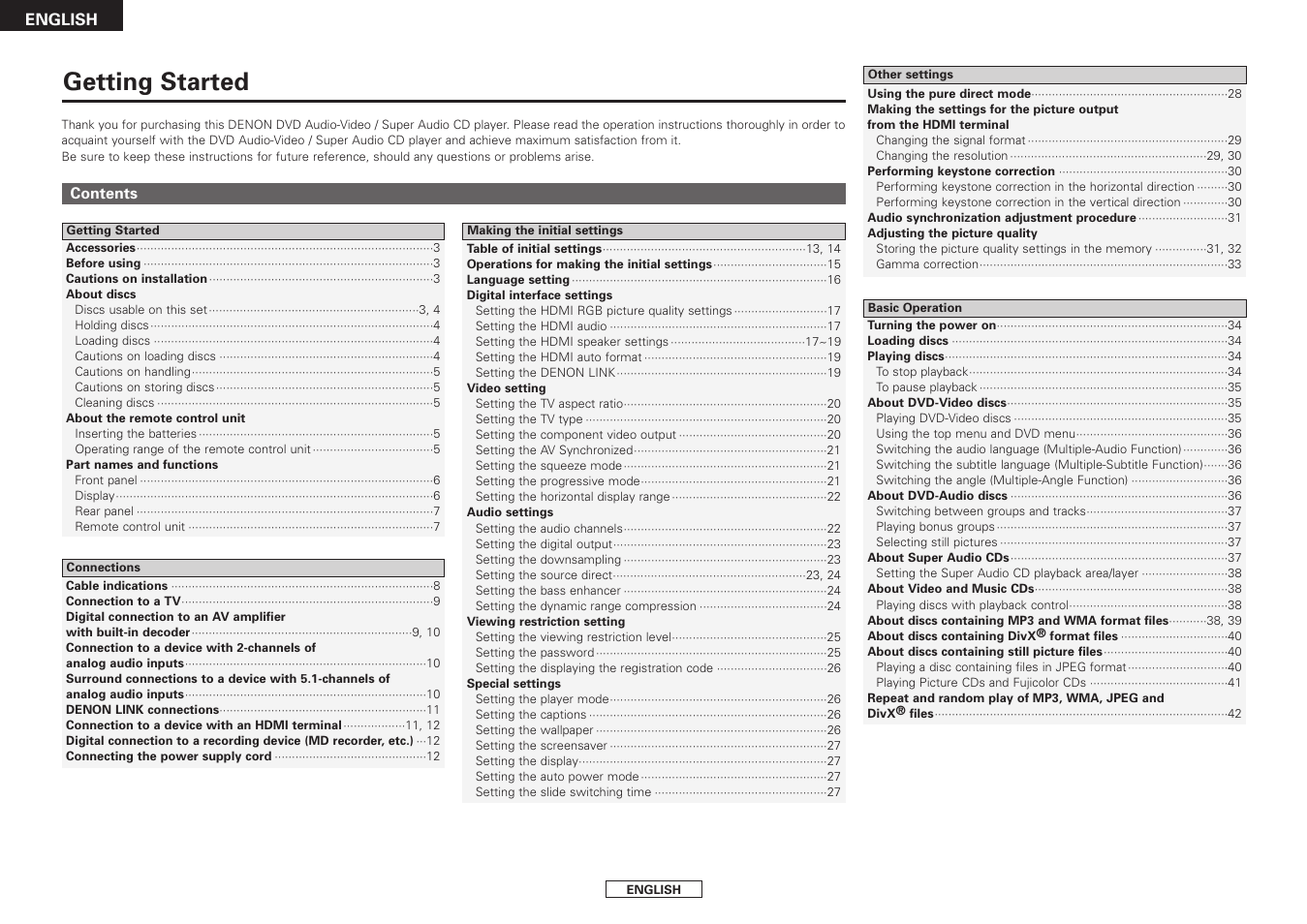 Getting started | Denon DVD-3930CI User Manual | Page 4 / 56