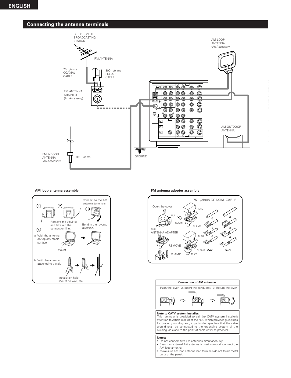 English connecting the antenna terminals, 75 ω /ohms coaxial cable | Denon AVR-3300 User Manual | Page 10 / 62