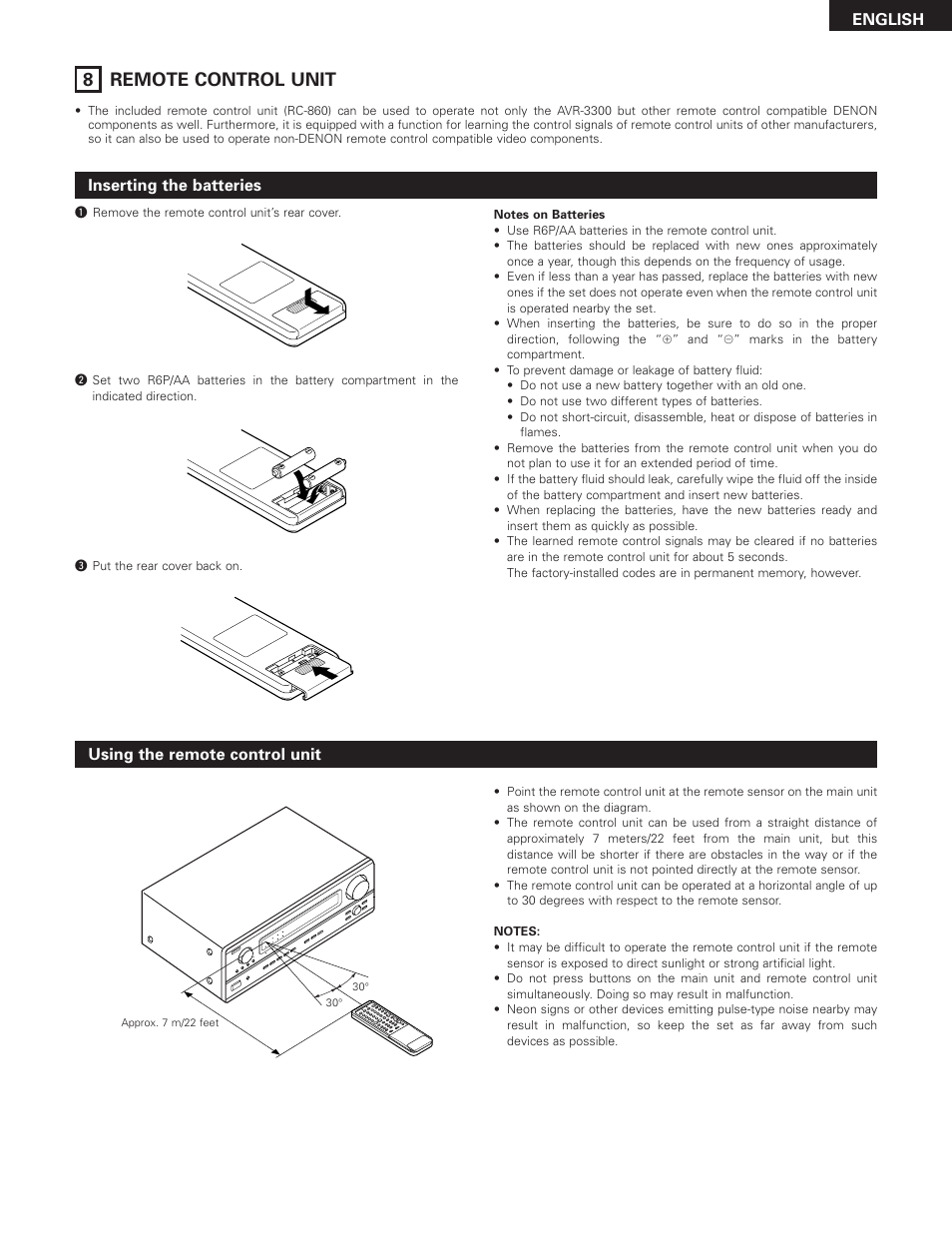 8 remote control unit, English, Inserting the batteries | Using the remote control unit | Denon AVR-3300 User Manual | Page 29 / 62
