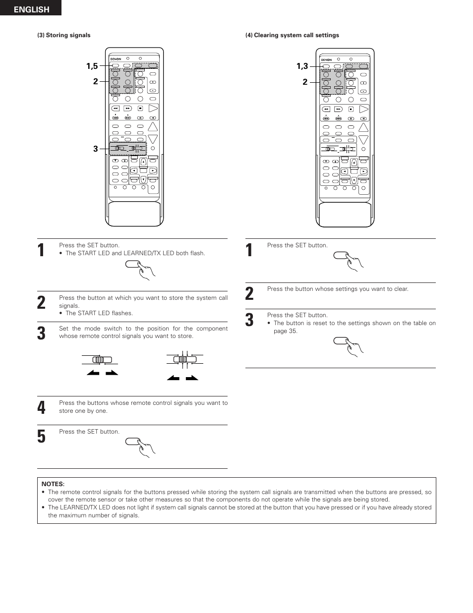 English, Press the set button, Press the button whose settings you want to clear | Denon AVR-3300 User Manual | Page 36 / 62