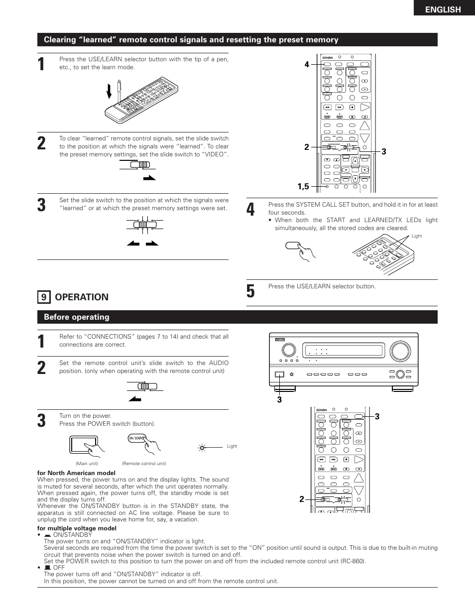 9 operation, Before operating, Press the use/learn selector button | Turn on the power. press the power switch (button), For multiple voltage model | Denon AVR-3300 User Manual | Page 37 / 62