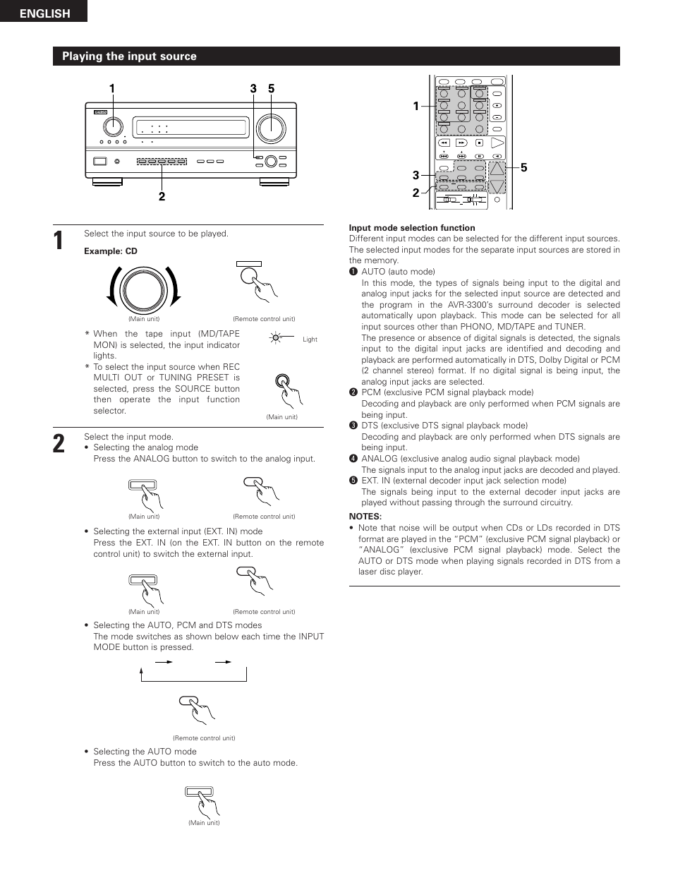 English playing the input source, Select the input source to be played, Example: cd | Auto pcm dts | Denon AVR-3300 User Manual | Page 38 / 62