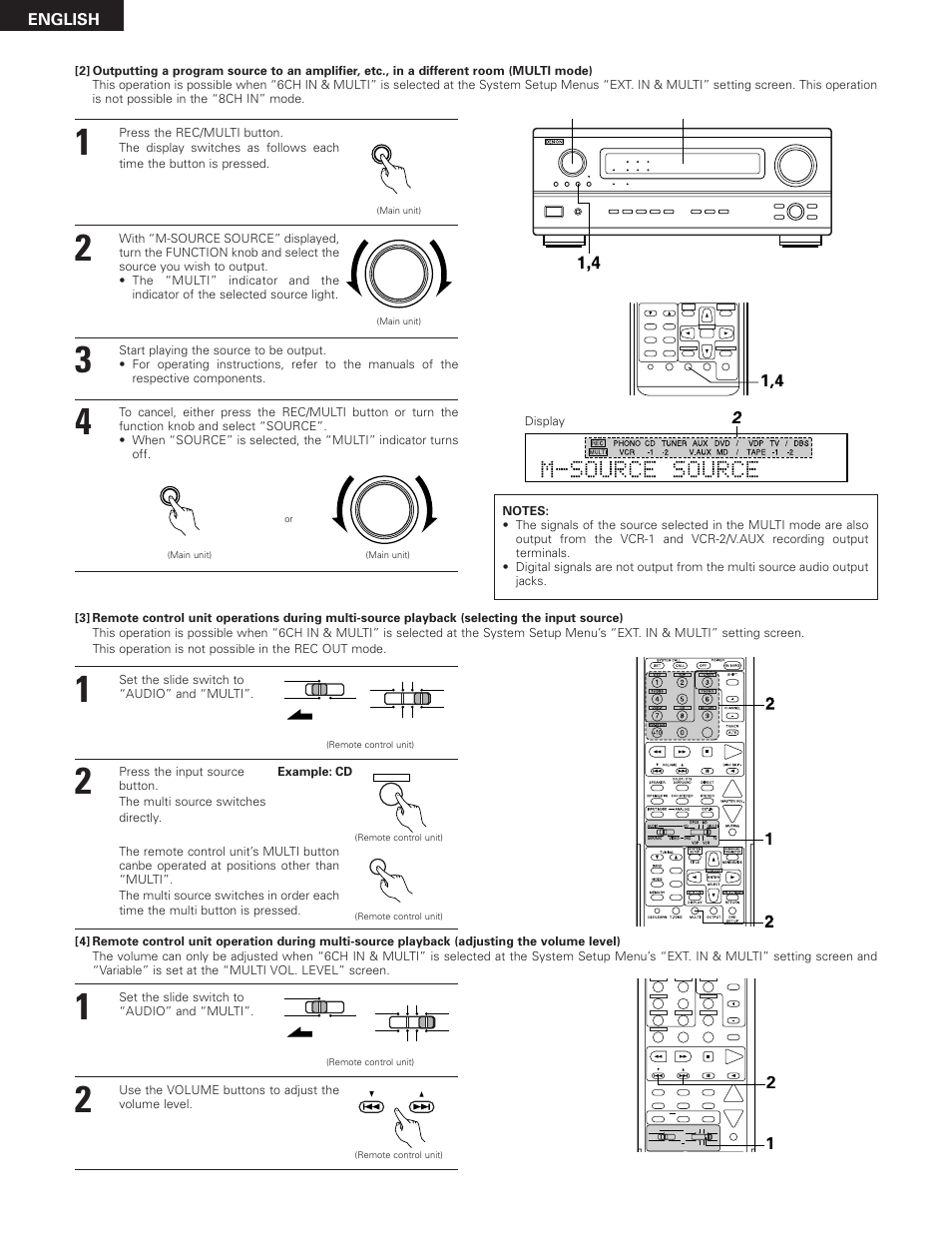 English, Set the slide switch to “audio” and “multi, Use the volume buttons to adjust the volume level | Example: cd | Denon AVR-3300 User Manual | Page 42 / 62